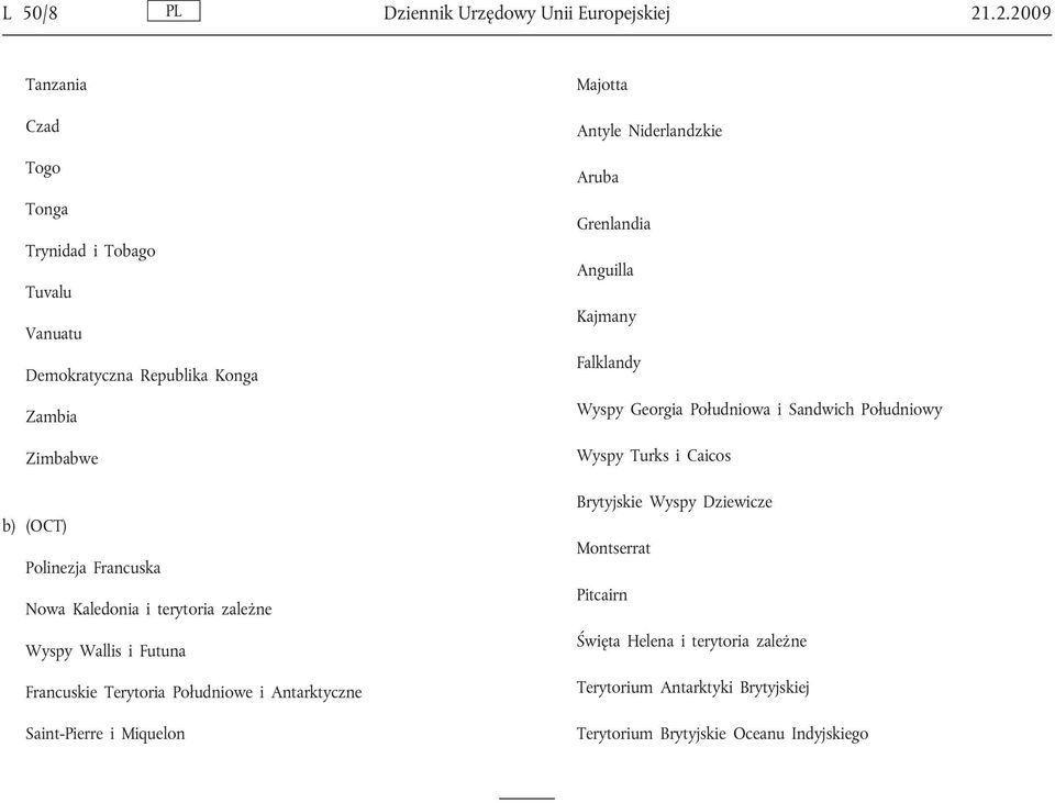 Kaledonia i terytoria zależne Wyspy Wallis i Futuna Francuskie Terytoria Południowe i Antarktyczne Saint-Pierre i Miquelon Majotta Antyle Niderlandzkie
