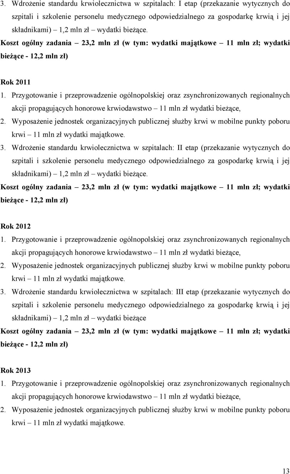 Przygotowanie i przeprowadzenie ogólnopolskiej oraz zsynchronizowanych regionalnych akcji propagujących honorowe krwiodawstwo 11 mln zł wydatki bieżące, 2.