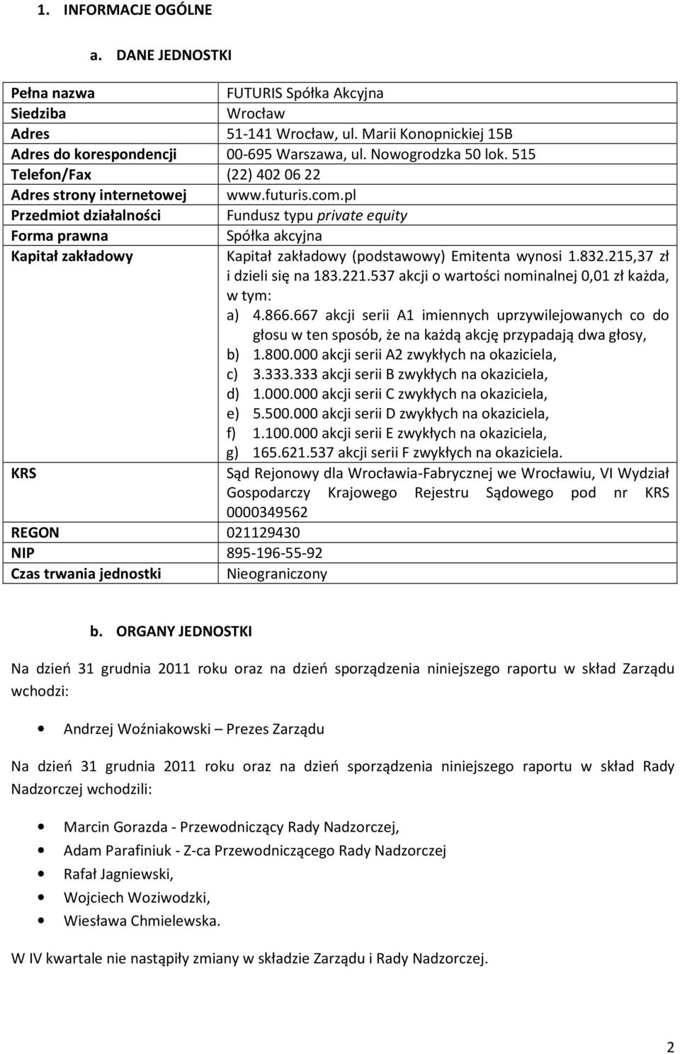 pl Przedmiot działalności Fundusz typu private equity Forma prawna Spółka akcyjna Kapitał zakładowy Kapitał zakładowy (podstawowy) Emitenta wynosi 1.832.215,37 zł i dzieli się na 183.221.