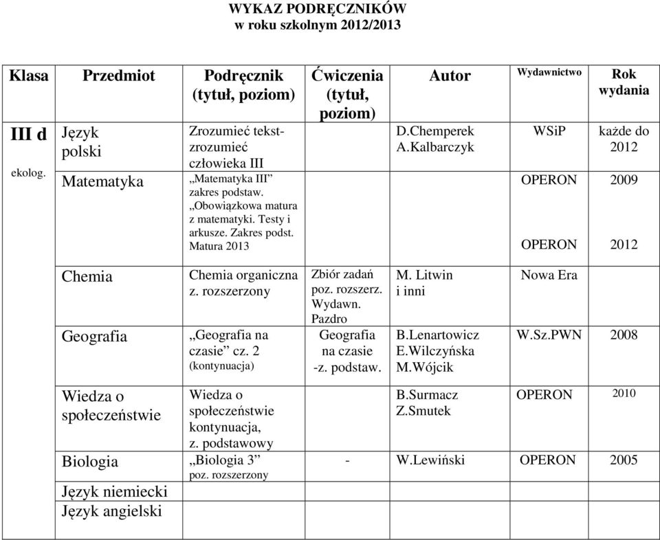 Kalbarczyk 2009 organiczna z. rozszerzony na kontynuacja, Biologia Biologia 3 poz.