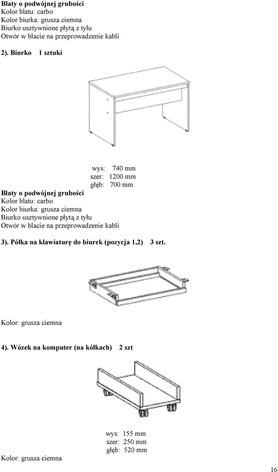 Półka na klawiaturę do biurek (pozycja 1,2) 3 szt. Kolor: grusza ciemna 4).