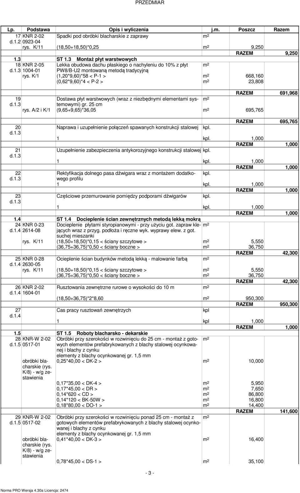 K/1 (1,20*9,60)*58 < P-1 > 668,160 (0,62*9,60)*4 < P-2 > 23,808 19 20 21 22 23 RAZEM 691,968 Dostawa płyt warstwowych (wraz z niezbędnymi elementami systemowymi) gr. 25 cm rys.