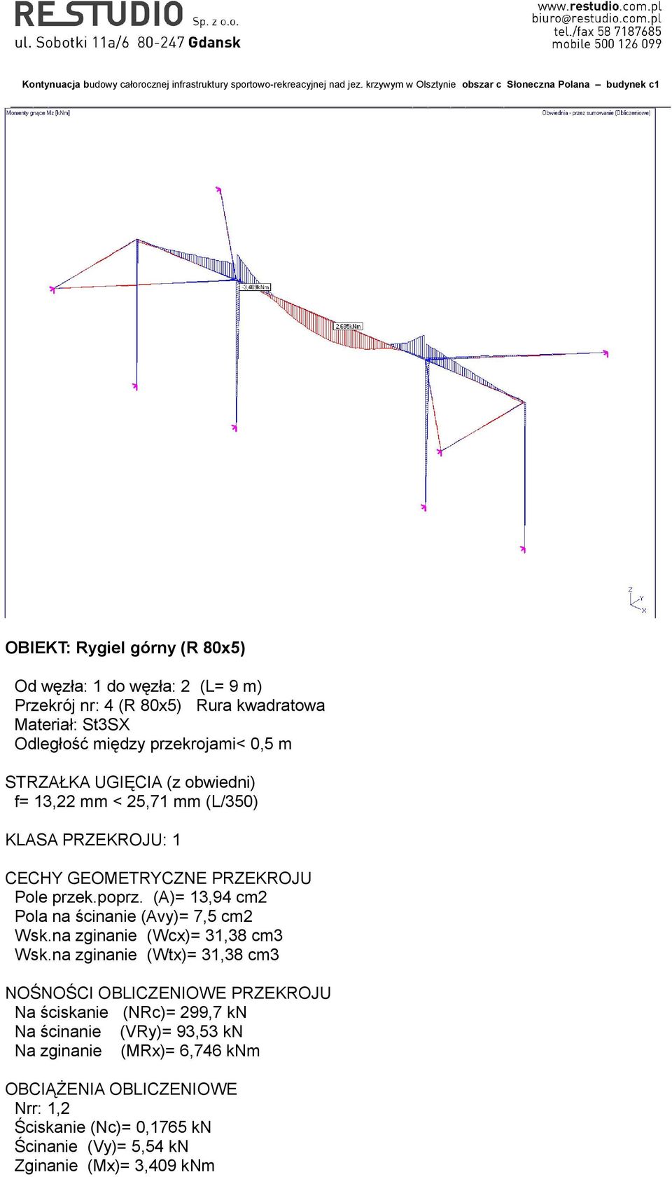 (A)= 13,94 cm2 Pola na ścinanie (Avy)= 7,5 cm2 Wsk.na zginanie (Wcx)= 31,38 cm3 Wsk.