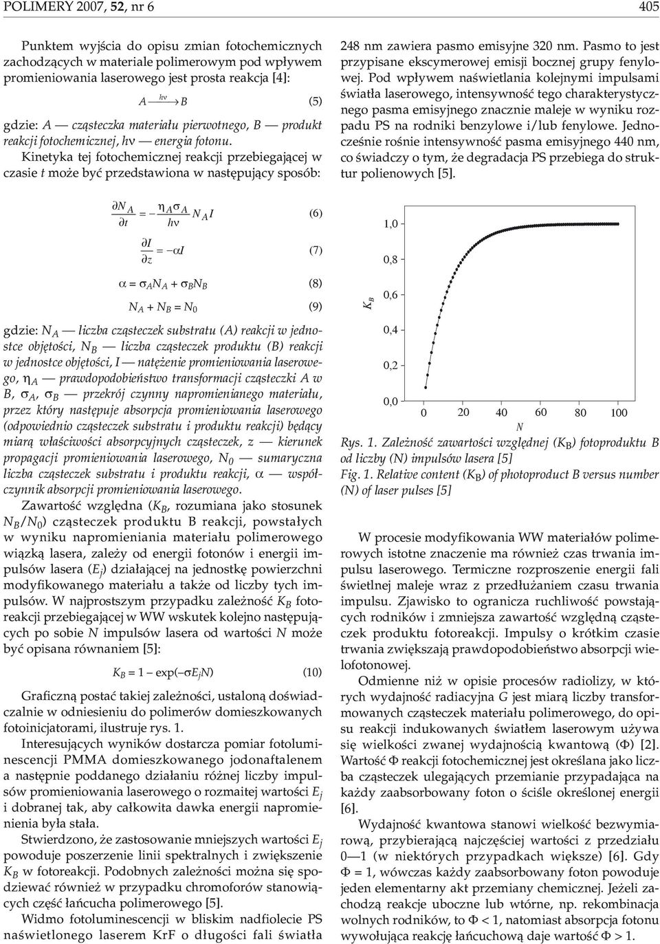 Kinetyka tej fotochemicznej reakcji przebiegaj¹cej w czasie t mo e byæ przedstawiona w nastêpuj¹cy sposób: (5) 248 nm zawiera pasmo emisyjne 320 nm.