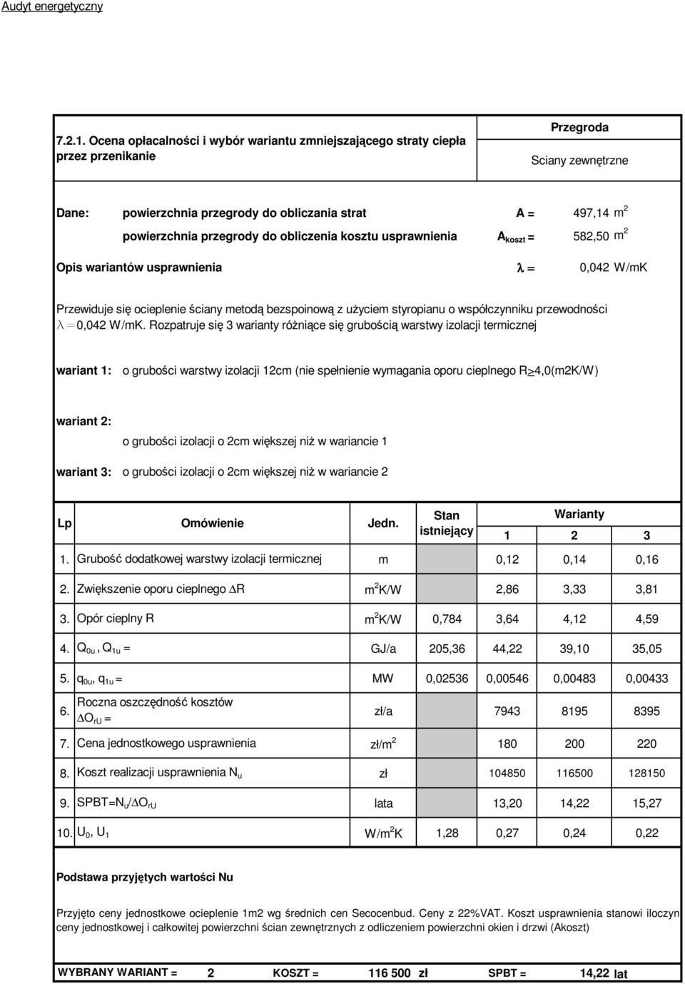 do obliczenia kosztu usprawnienia A koszt = 582,50 m 2 Opis wariantów usprawnienia λ = 0,042 W/mK Przewiduje się ocieplenie ściany metodą bezspoinową z uŝyciem styropianu o współczynniku przewodności