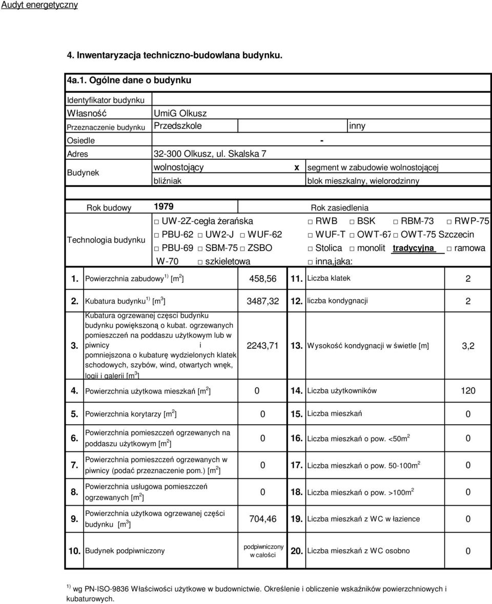 Stolica monolit tradycyjna ramowa W-70 szkieletowa inna,jaka: 1. Powierzchnia zabudowy 1) [m 2 ] 458,56 11. Liczba klatek 2 2. Kubatura budynku 1) [m 3 ] 3487,32 12. liczba kondygnacji 2 3.