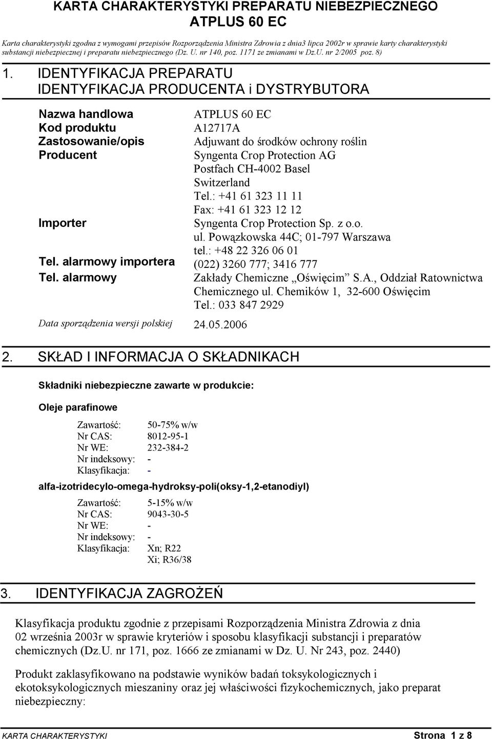 alarmowy importera Tel. alarmowy Data sporządzenia wersji polskiej 24.05.2006 2.