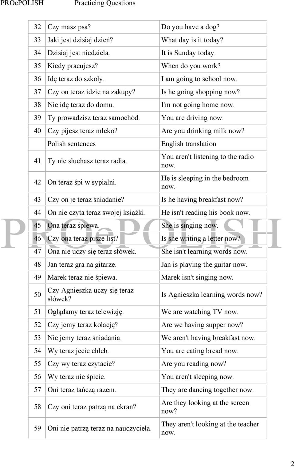 Are you drinking milk now? 41 Ty nie słuchasz teraz radia. 42 On teraz śpi w sypialni. You aren't listening to the radio He is sleeping in the bedroom 43 Czy on je teraz śniadanie?