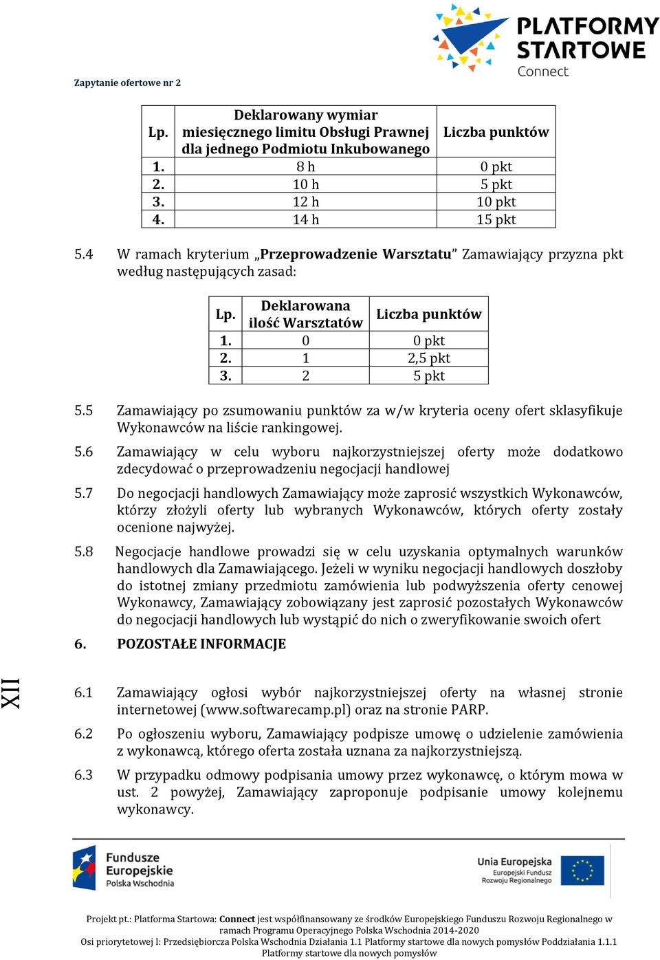 5 Zamawiający po zsumowaniu punktów za w/w kryteria oceny ofert sklasyfikuje Wykonawców na liście rankingowej. 5.