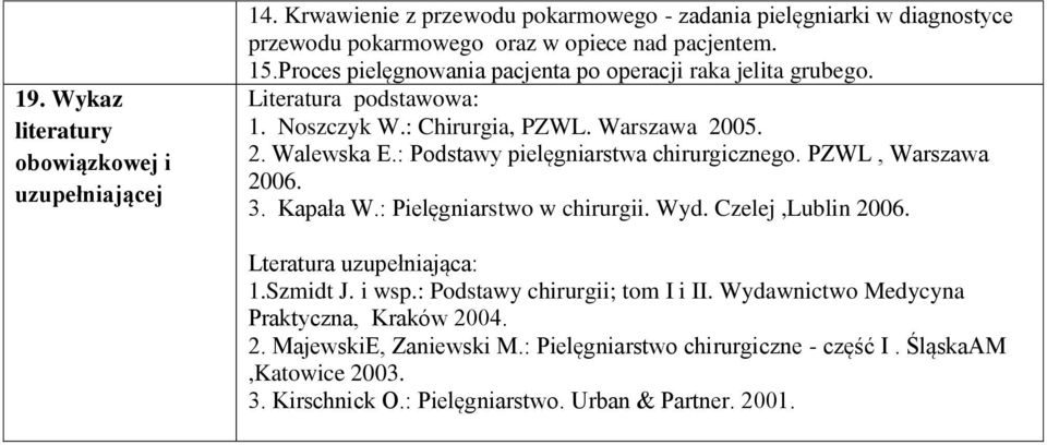: Podstawy pielęgniarstwa chirurgicznego. PZWL, Warszawa 2006. 3. Kapała W.: Pielęgniarstwo w chirurgii. Wyd. Czelej,Lublin 2006. Lteratura uzupełniająca: 1.Szmidt J. i wsp.
