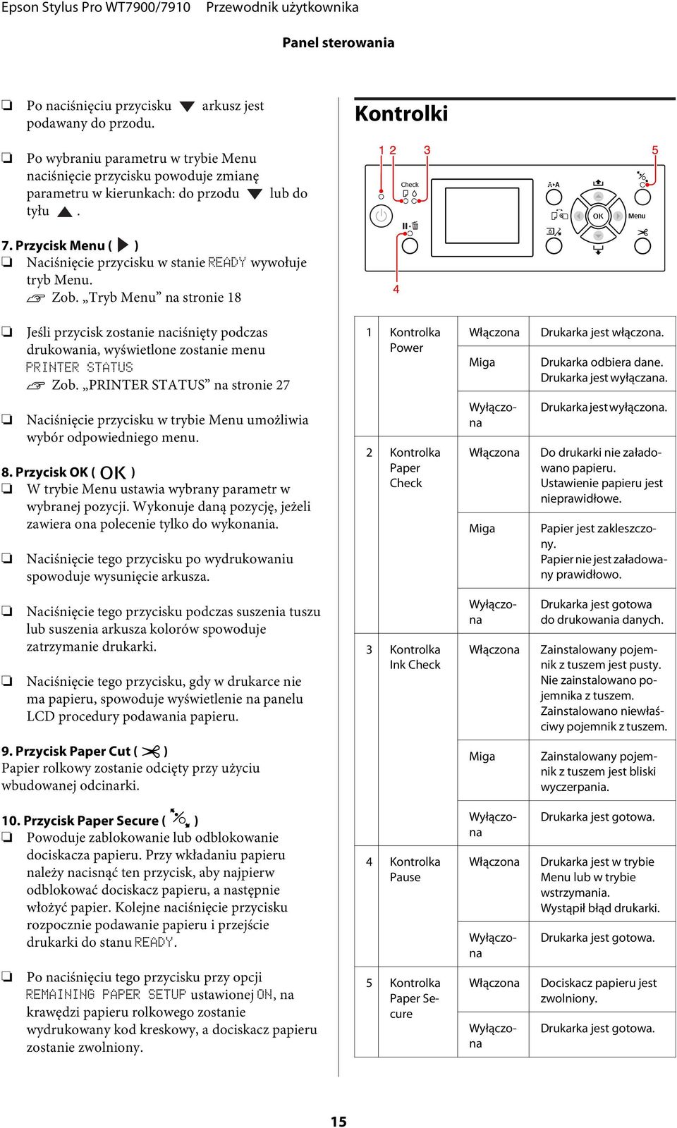 Tryb Menu na stronie 18 Jeśli przycisk zostanie naciśnięty podczas drukowania, wyświetlone zostanie menu PRINTER STATUS Zob.