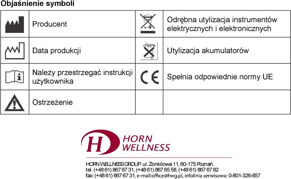 użytkownika Spełnia odpowiednie normy UE Ostrzeżenie HORNWELLNESSGROUP. ul.