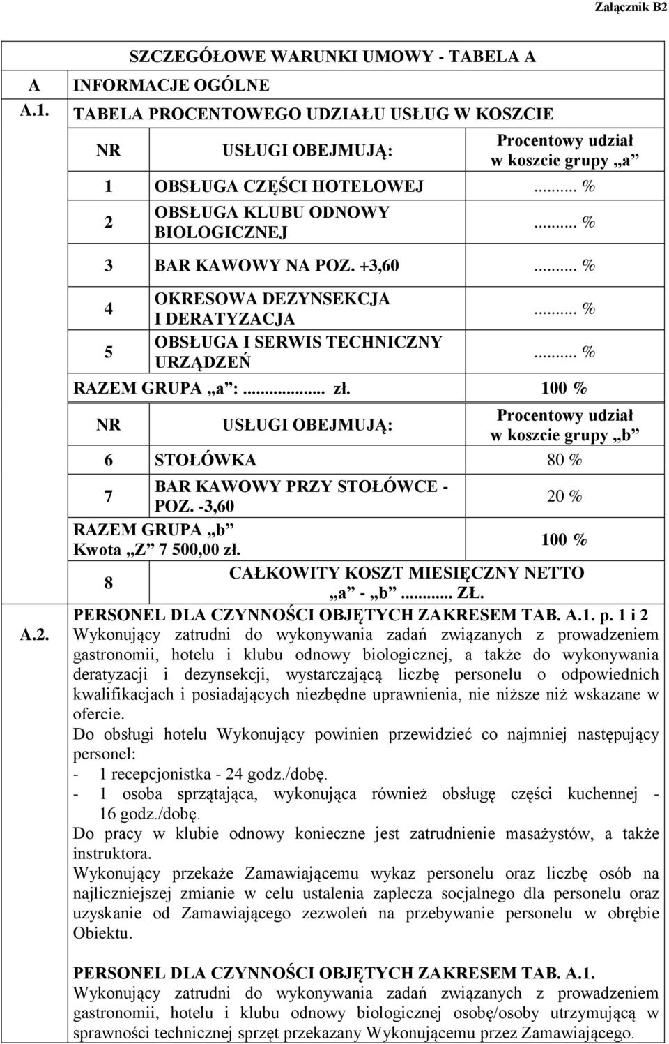 100 % NR USŁUGI OBEJMUJĄ: Procentowy udział w koszcie grupy b 6 STOŁÓWKA 80 % BAR KAWOWY PRZY STOŁÓWCE - 7 20 % POZ. -3,60 RAZEM GRUPA b 100 % Kwota Z 7 500,00 zł.