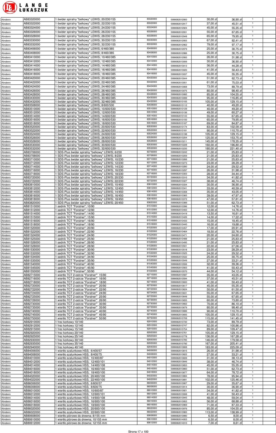 spiralny "belkowy" LEWIS; 28/230/55 83328000 599908202948 65,00 zł 79,95 zł AB83330000 świder spiralny "belkowy" LEWIS; 30/230/55 83330000 599908202955 67,00 zł 82,4 zł AB83332000 świder spiralny