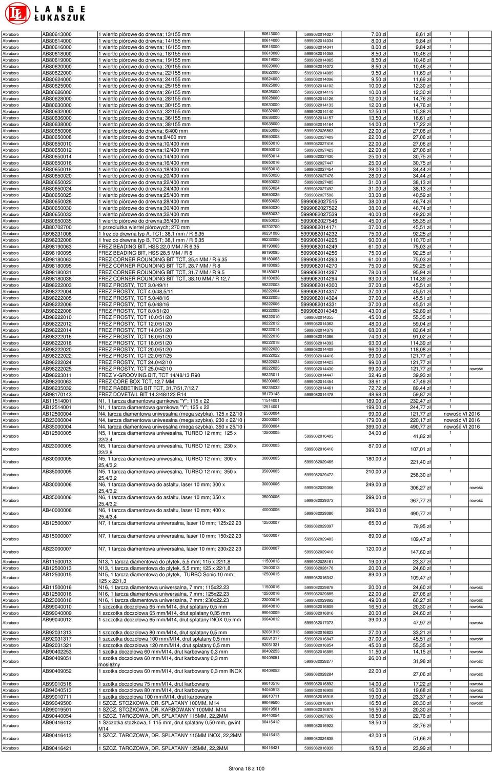 0,46 zł AB80620000 wiertło piórowe do drewna; 20/55 mm 80620000 599908204072 8,50 zł 0,46 zł AB80622000 wiertło piórowe do drewna; 22/55 mm 80622000 599908204089 9,50 zł,69 zł AB80624000 wiertło