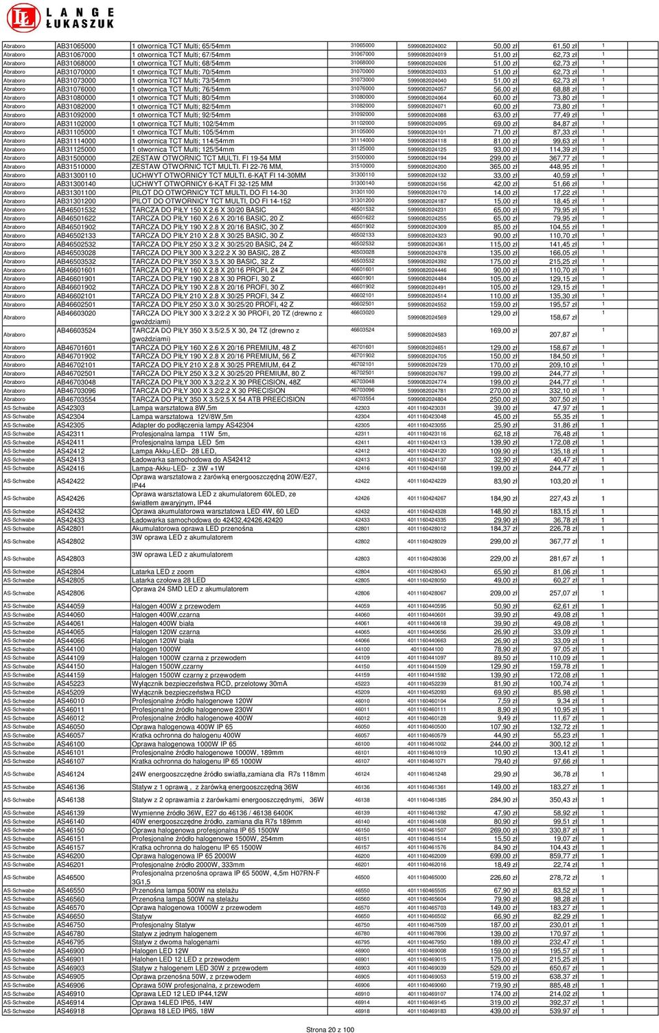 AB3076000 otwornica TCT Multi; 76/54mm 3076000 5999082024057 56,00 zł 68,88 zł AB3080000 otwornica TCT Multi; 80/54mm 3080000 5999082024064 60,00 zł 73,80 zł AB3082000 otwornica TCT Multi; 82/54mm