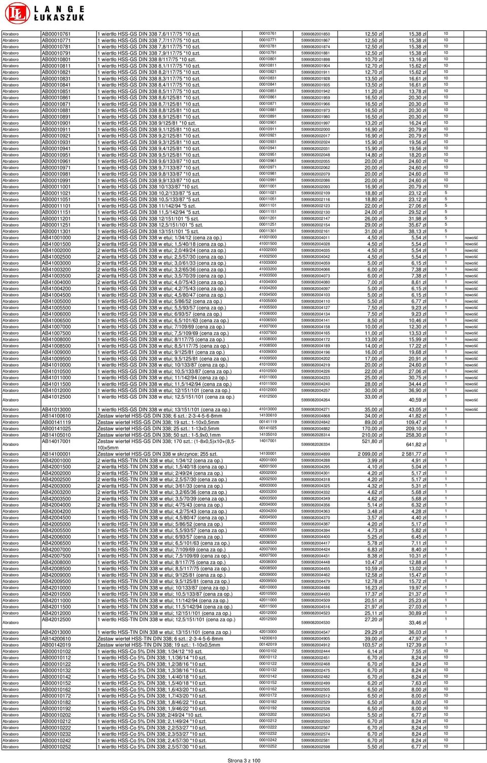 000079 59990820088 2,50 zł 5,38 zł 0 AB000080 wiertło HSS-GS DIN 338 8/7/75 *0 szt. 000080 599908200898 0,70 zł 3,6 zł 0 AB00008 wiertło HSS-GS DIN 338 8,/7/75 *0 szt.