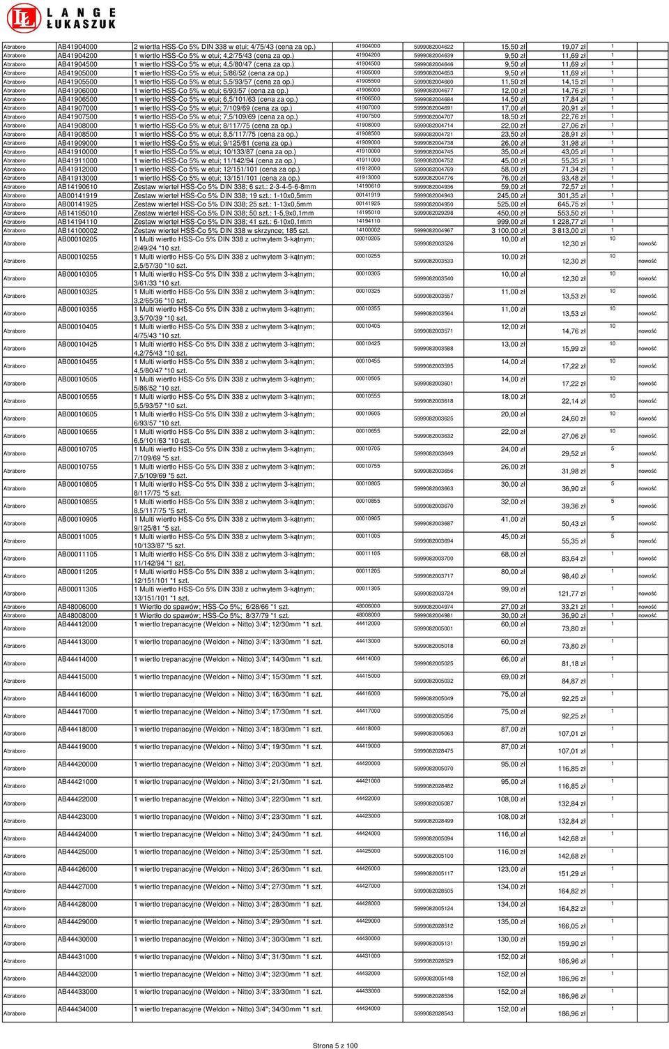 ) 4905000 5999082004653 9,50 zł,69 zł AB4905500 wiertło HSS-Co 5% w etui; 5,5/93/57 (cena za op.) 4905500 5999082004660,50 zł 4,5 zł AB4906000 wiertło HSS-Co 5% w etui; 6/93/57 (cena za op.