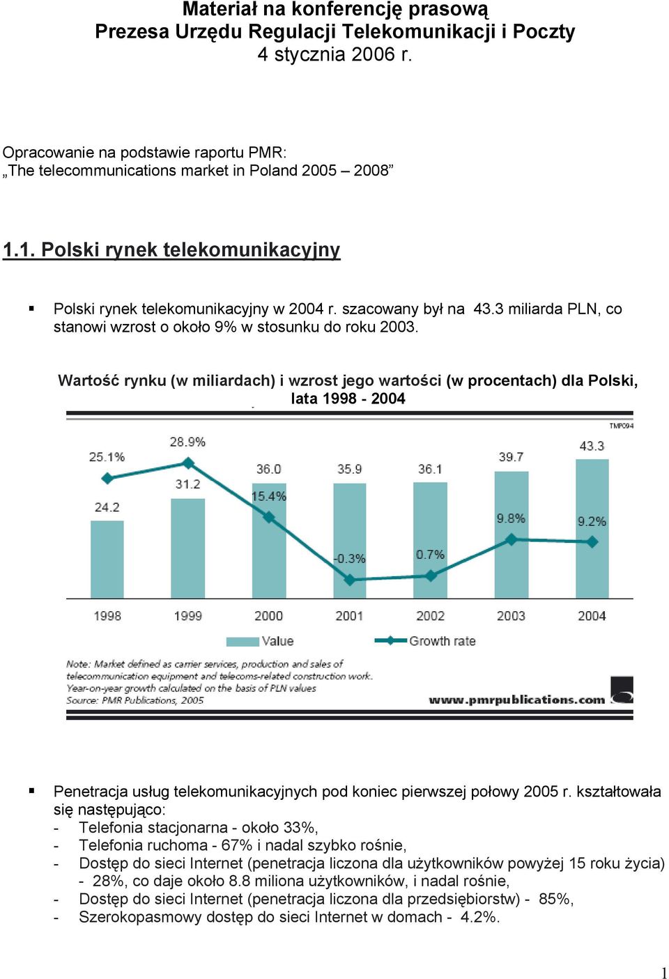 Wartość rynku (w miliardach) i wzrost jego wartości (w procentach) dla Polski, lata 1998-2004 Penetracja usług telekomunikacyjnych pod koniec pierwszej połowy 2005 r.