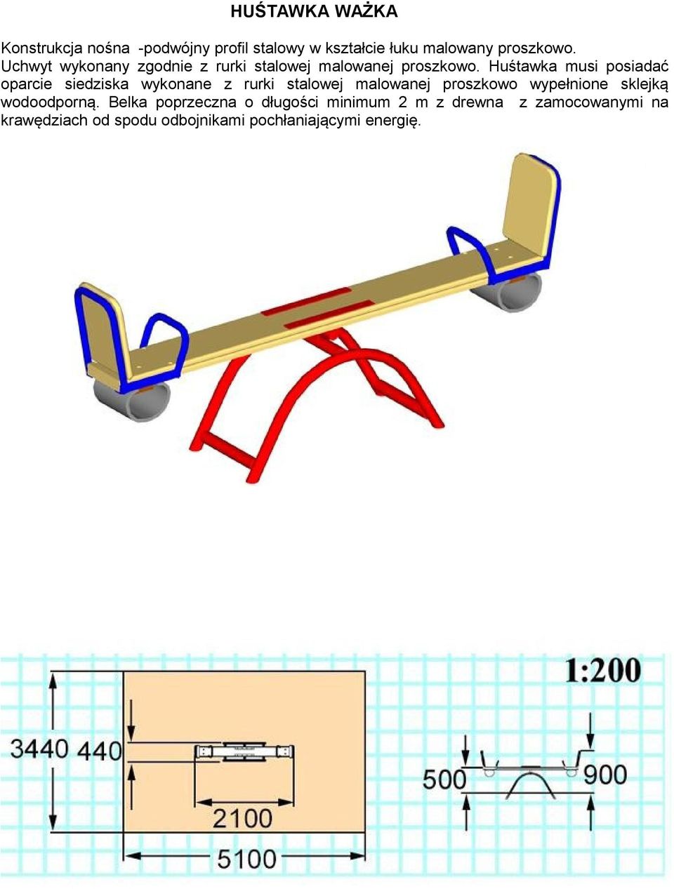Huśtawka musi posiadać oparcie siedziska wykonane z rurki stalowej malowanej proszkowo wypełnione