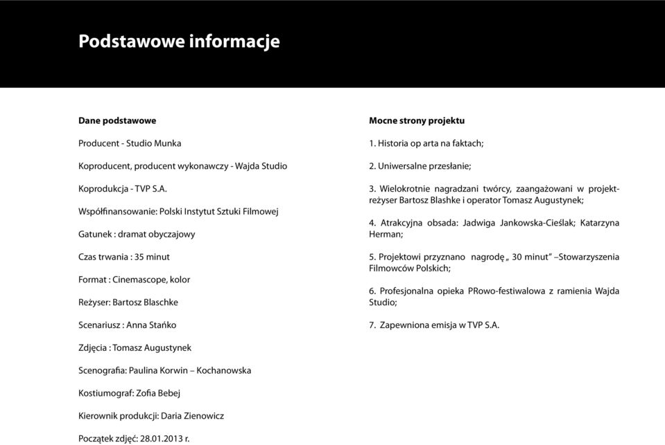 projektu 1. Historia op arta na faktach; 2. Uniwersalne przesłanie; 3. Wielokrotnie nagradzani twórcy, zaangażowani w projektreżyser Bartosz Blashke i operator Tomasz Augustynek; 4.