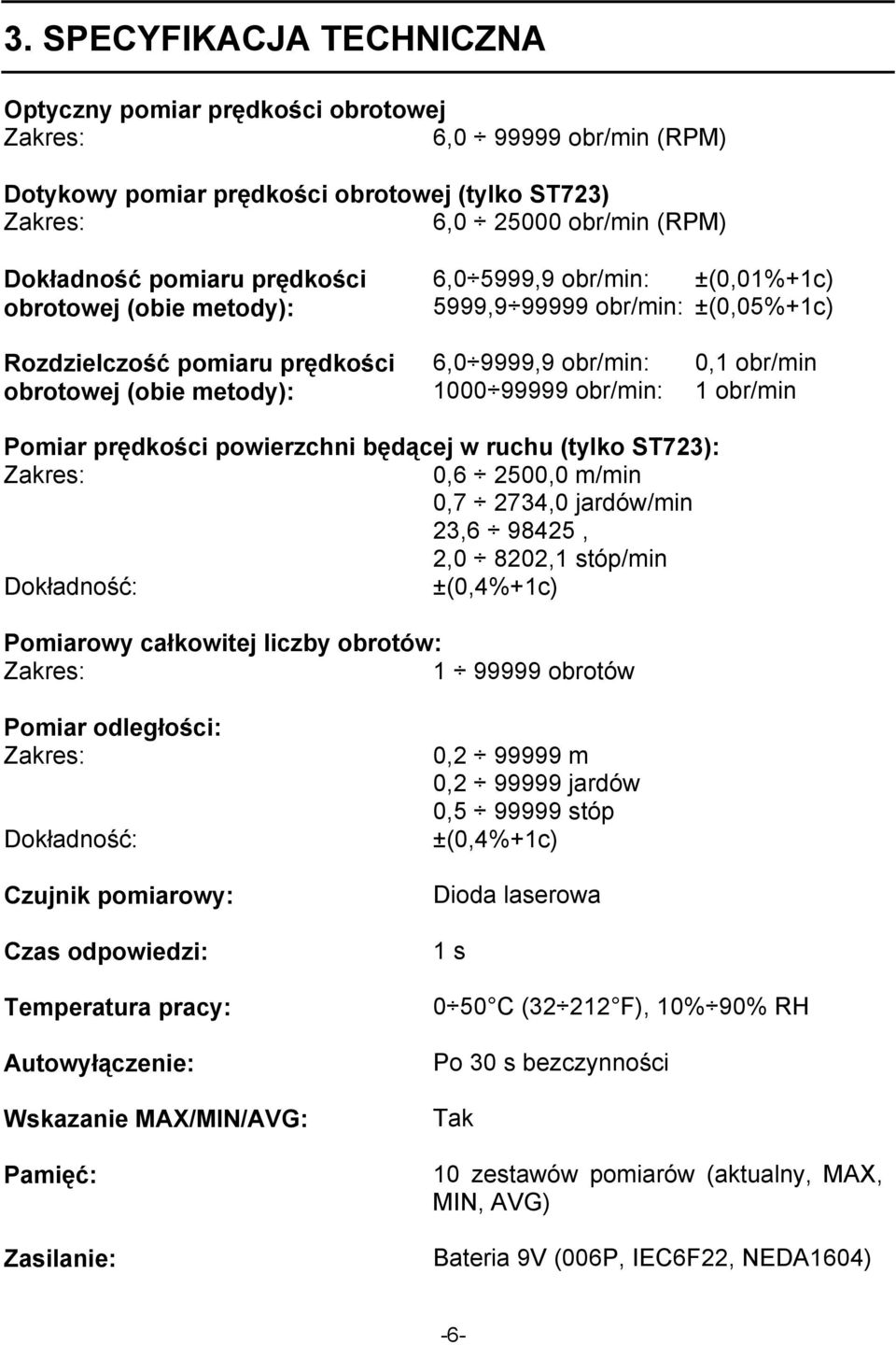 99999 obr/min: 1 obr/min Pomiar prędkości powierzchni będącej w ruchu (tylko ST723): Zakres: 0,6 2500,0 m/min 0,7 2734,0 jardów/min 23,6 98425, 2,0 8202,1 stóp/min Dokładność: ±(0,4%+1c) Pomiarowy