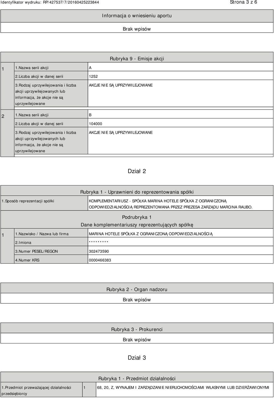 Rodzaj uprzywilejowania i liczba akcji uprzywilejowanych lub informacja, że akcje nie są uprzywilejowane AKCJE NIE SĄ UPRZYWILEJOWANE Dział 2 Rubryka 1 - Uprawnieni do reprezentowania spółki 1.