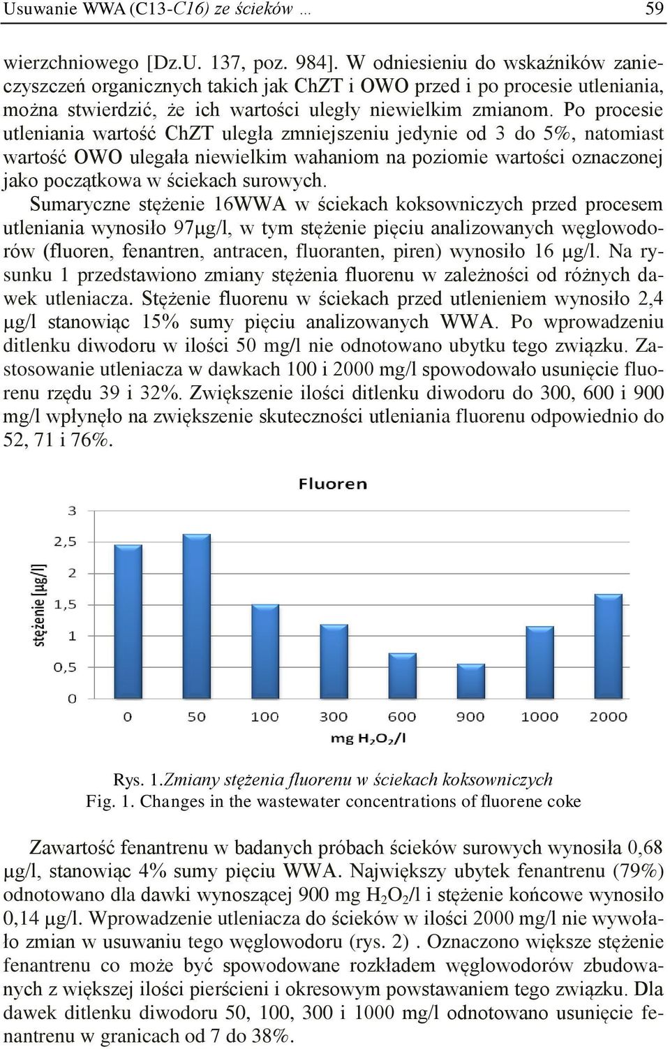 Po procesie utleniania wartość ChZT uległa zmniejszeniu jedynie od 3 do 5%, natomiast wartość OWO ulegała niewielkim wahaniom na poziomie wartości oznaczonej jako początkowa w ściekach surowych.