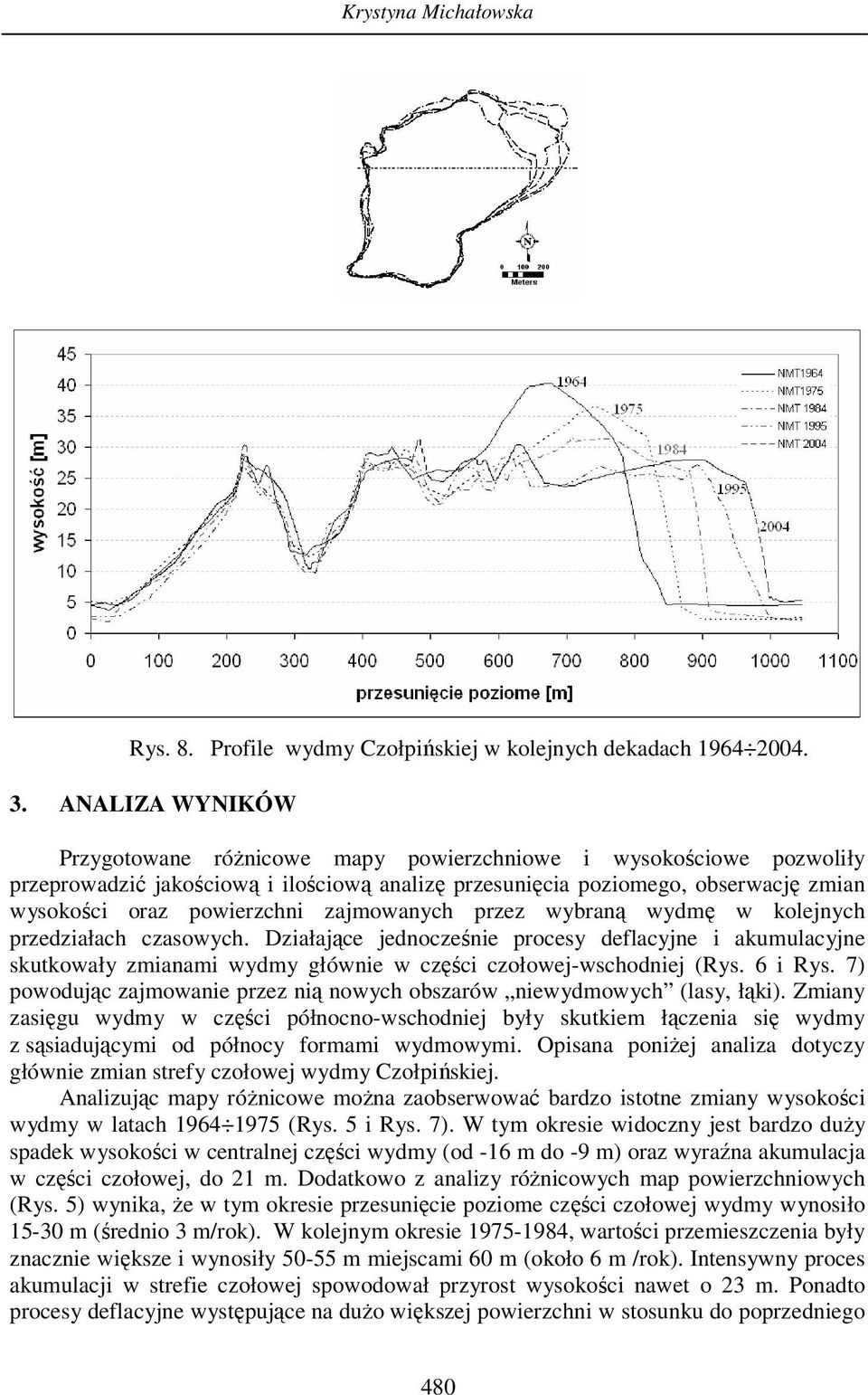 zajmowanych przez wybraną wydmę w kolejnych przedziałach czasowych. Działające jednocześnie procesy deflacyjne i akumulacyjne skutkowały zmianami wydmy głównie w części czołowej-wschodniej (Rys.