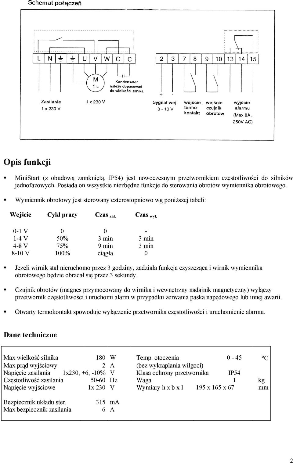 0-1 V 0 0-1-4 V 50% 3 min 3 min 4-8 V 75% 9 min 3 min 8-10 V 100% ciągła 0 JeŜeli wirnik stał nieruchomo przez 3 godziny, zadziała funkcja czyszcząca i wirnik wymiennika obrotowego będzie obracał się