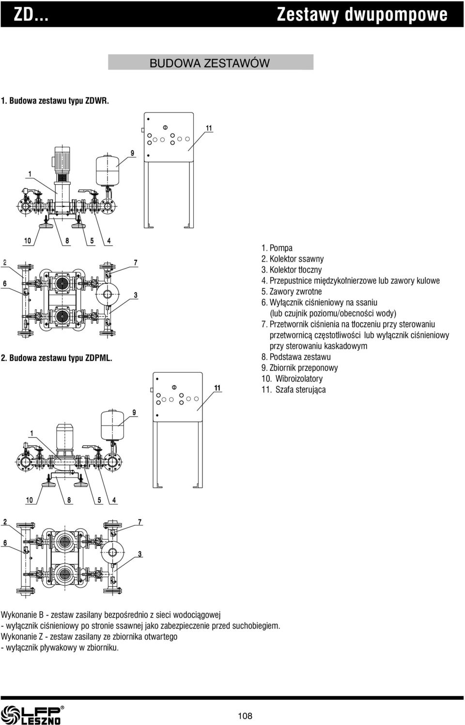 Przetwornik ciśnienia na tłoczeniu przy sterowaniu przetwornicą częstotliwości lub wyłącznik ciśnieniowy przy sterowaniu kaskadowym 8. Podstawa zestawu 9. Zbiornik przeponowy 10.