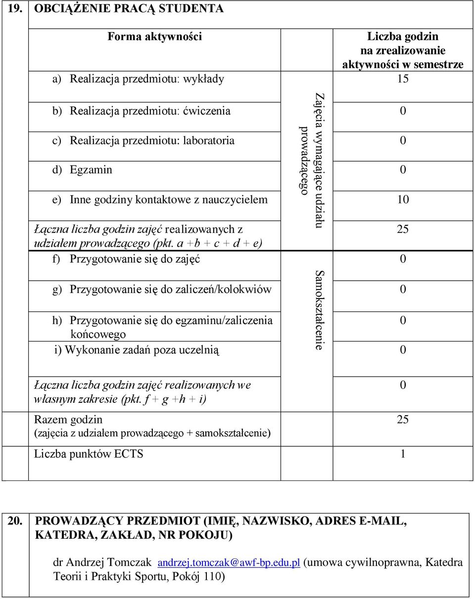 laboratoria 0 d) Egzamin 0 e) Inne godziny kontaktowe z nauczycielem 10 Łączna liczba godzin zajęć realizowanych z udziałem prowadzącego (pkt.