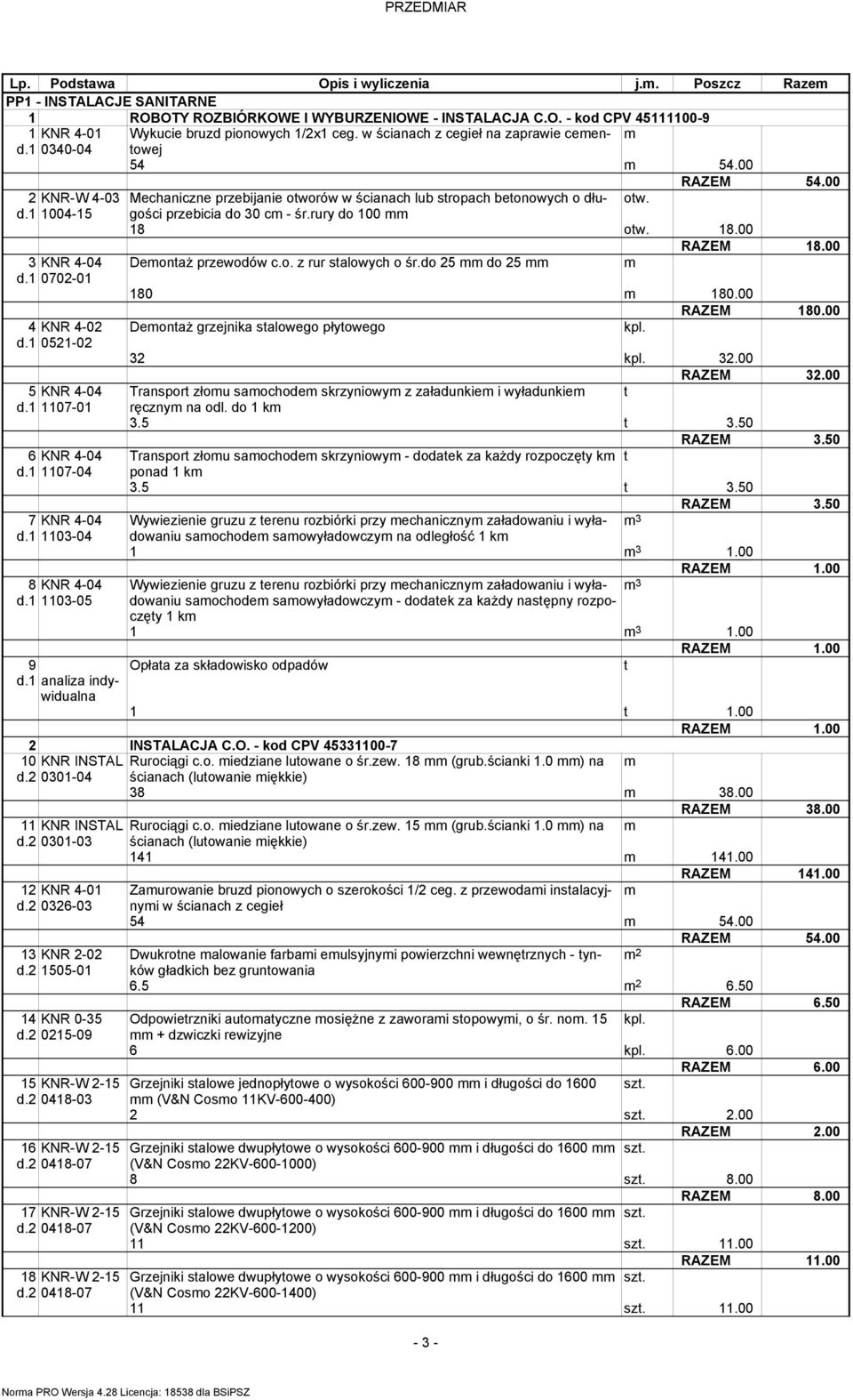1 analiza indywidualna Wykucie bruzd pionowych 1/2x1 ceg. w ścianach z cegieł na zaprawie ceentowej 54 54.00 RAZEM 54.