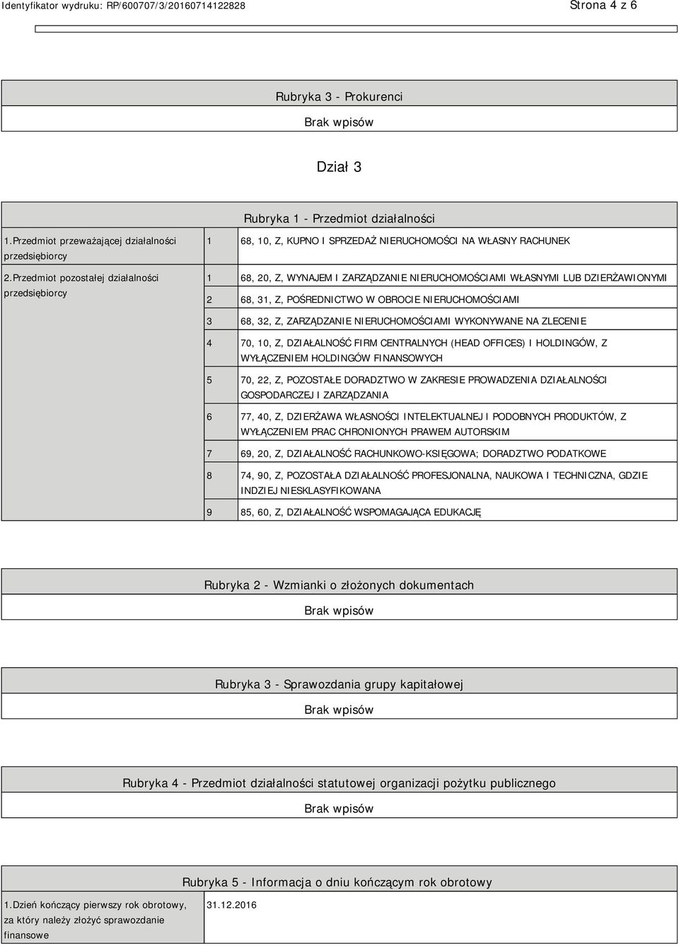 POŚREDNICTWO W OBROCIE RUCHOMOŚCIAMI 3 68, 32, Z, ZARZĄDZA RUCHOMOŚCIAMI WYKONYWANE NA ZLECE 4 70, 10, Z, DZIAŁALNOŚĆ FIRM CENTRALNYCH (HEAD OFFICES) I HOLDINGÓW, Z WYŁĄCZEM HOLDINGÓW FINANSOWYCH 5