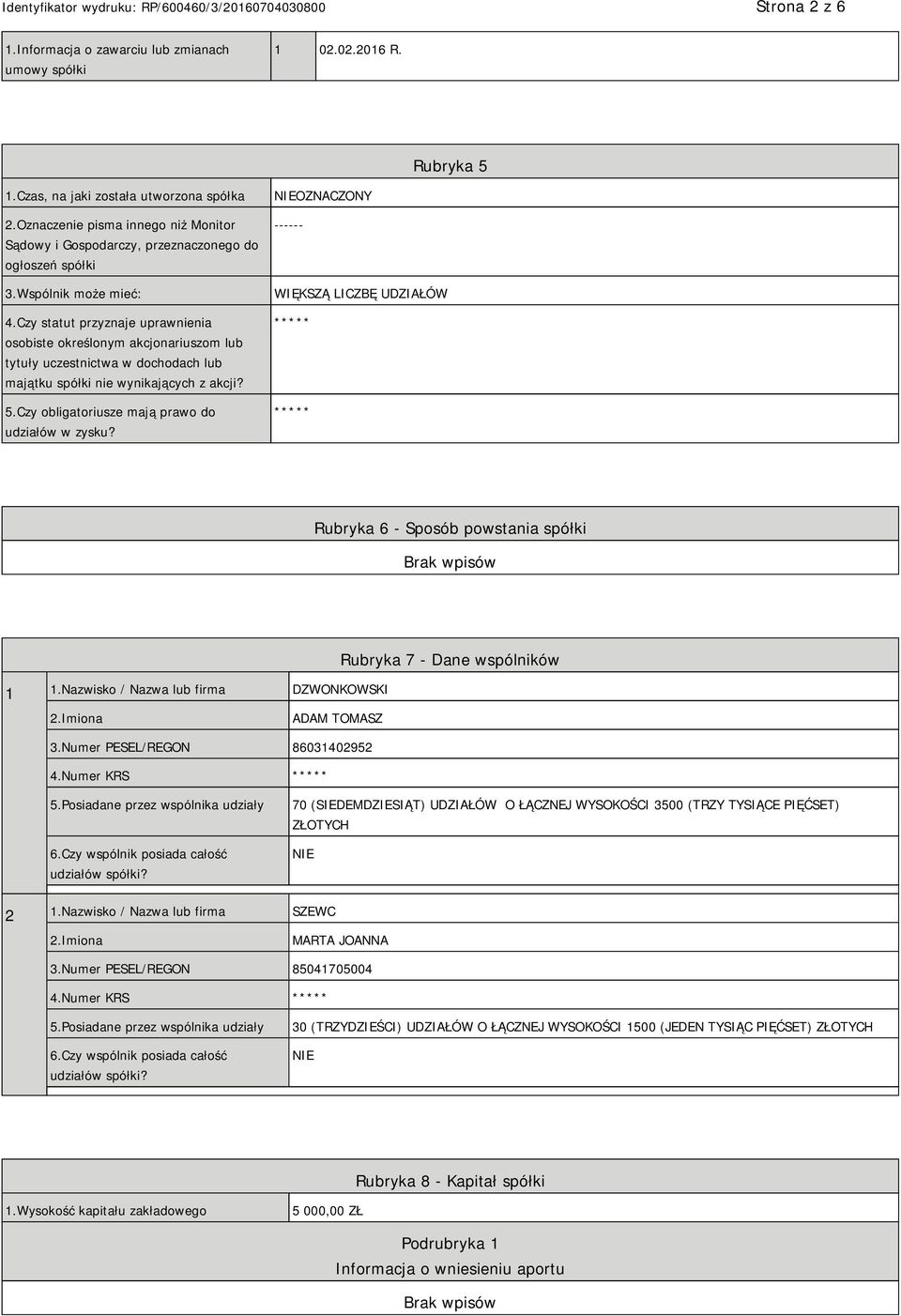 Czy statut przyznaje uprawnienia osobiste określonym akcjonariuszom lub tytuły uczestnictwa w dochodach lub majątku spółki nie wynikających z akcji? 5.