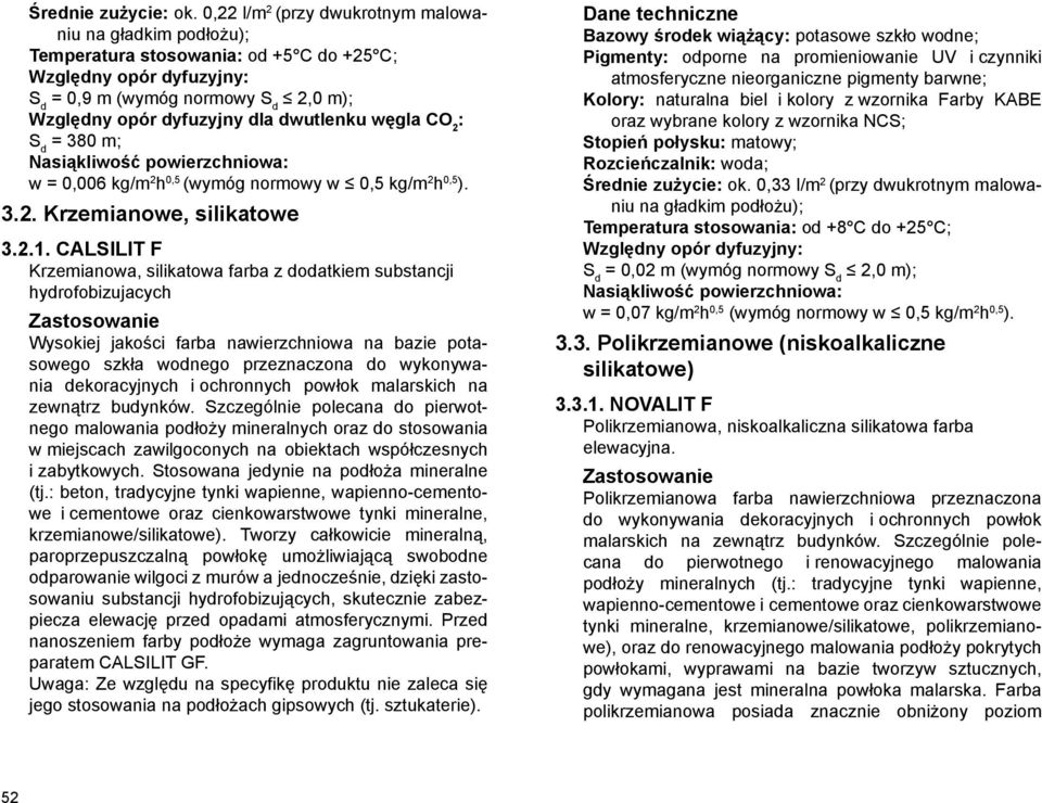 dwutlenku węgla CO 2 : S d = 380 m; Nasiąkliwość powierzchniowa: w = 0,006 kg/m 2 h 0,5 (wymóg normowy w 0,5 kg/m 2 h 0,5 ). 3.2. Krzemianowe, silikatowe 3.2.1.