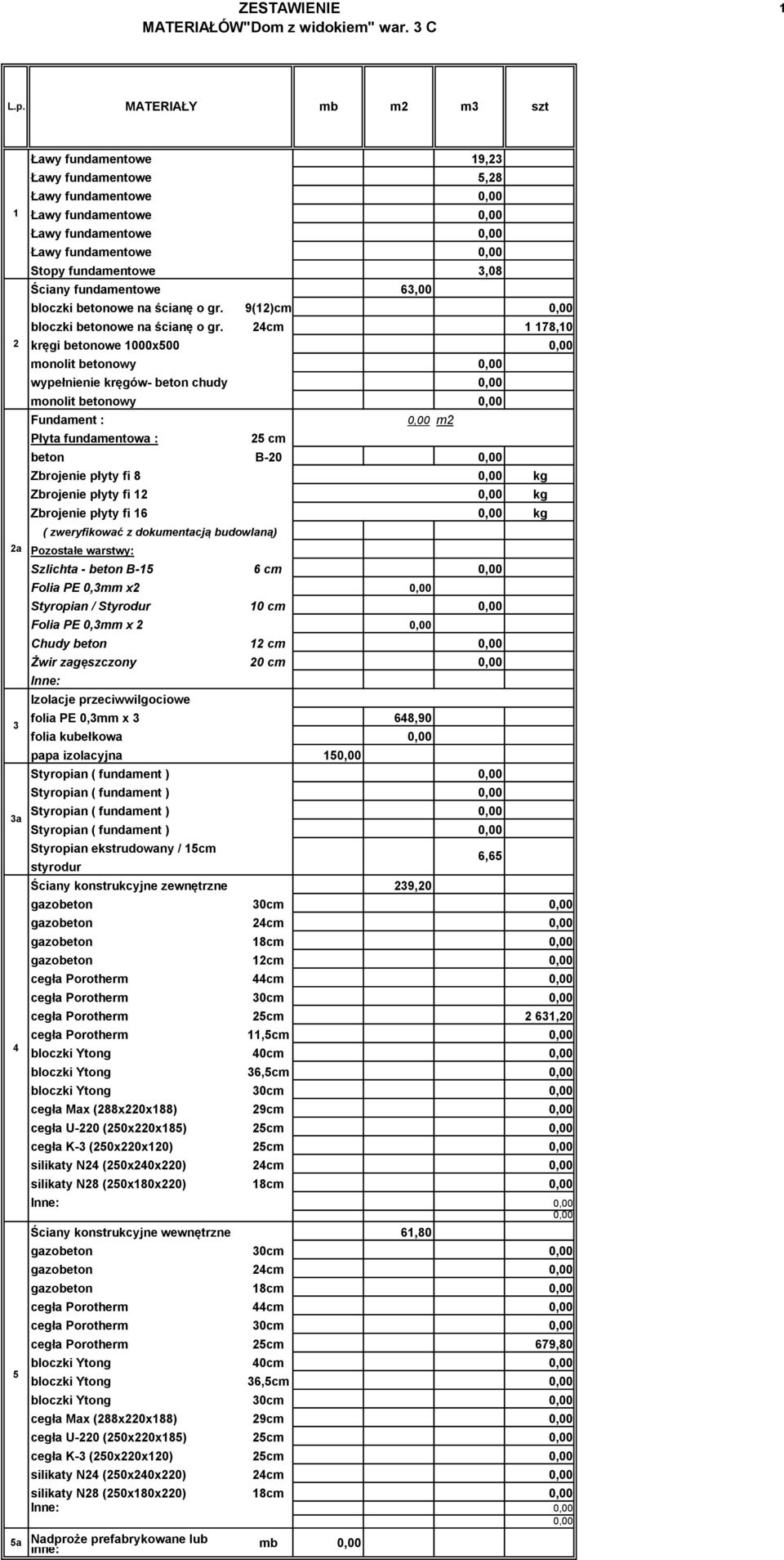 24 1 178,1 kręgi betonowe 1x5 monolit betonowy wypełnienie kręgów- beton chudy monolit betonowy Fundament : Płyta fundamentowa : 25 beton B-2 Zbrojenie płyty fi 8 Zbrojenie płyty fi 12 Zbrojenie