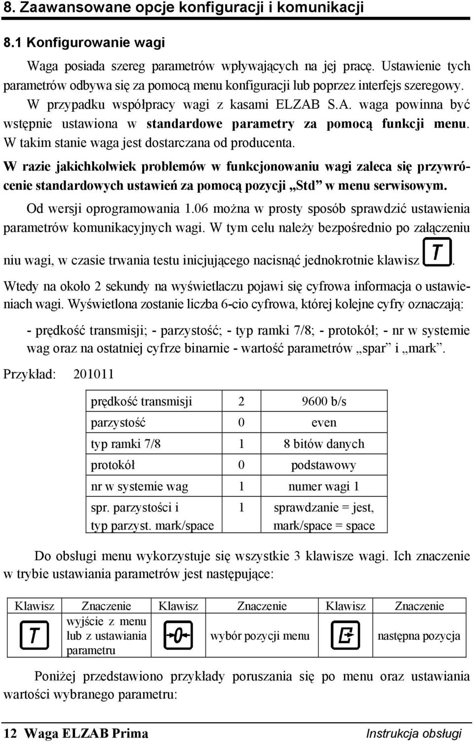 S.A. waga powinna być wstępnie ustawiona w standardowe parametry za pomocą funkcji menu. W takim stanie waga jest dostarczana od producenta.