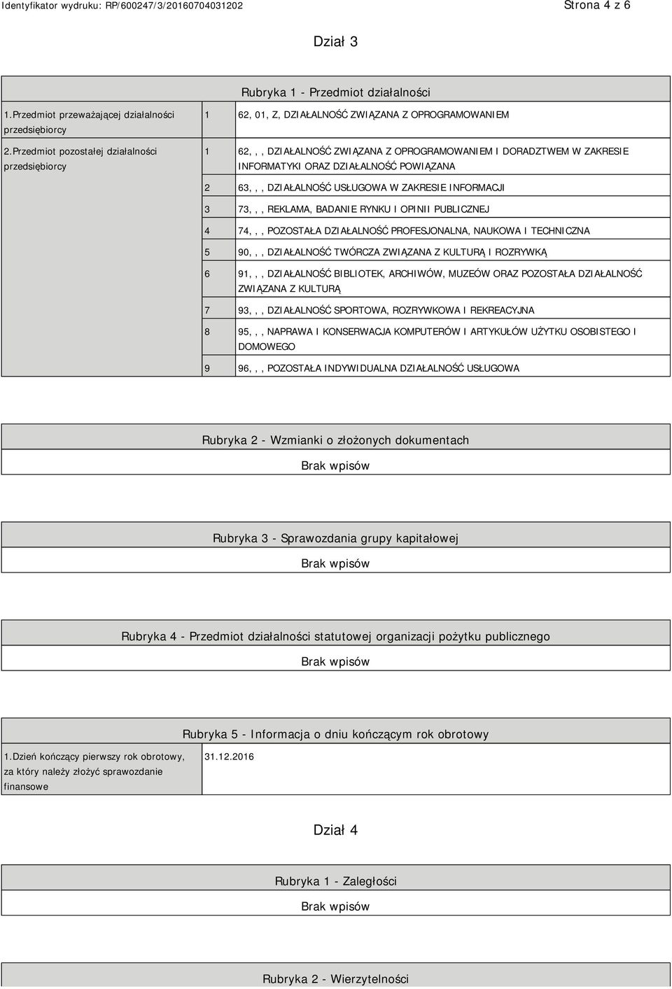 POWIĄZANA 2 63,,, DZIAŁALNOŚĆ USŁUGOWA W ZAKRESIE INFORMACJI 3 73,,, REKLAMA, BADA RYNKU I OPINII PUBLICZNEJ 4 74,,, POZOSTAŁA DZIAŁALNOŚĆ PROFESJONALNA, NAUKOWA I TECHNICZNA 5 90,,, DZIAŁALNOŚĆ