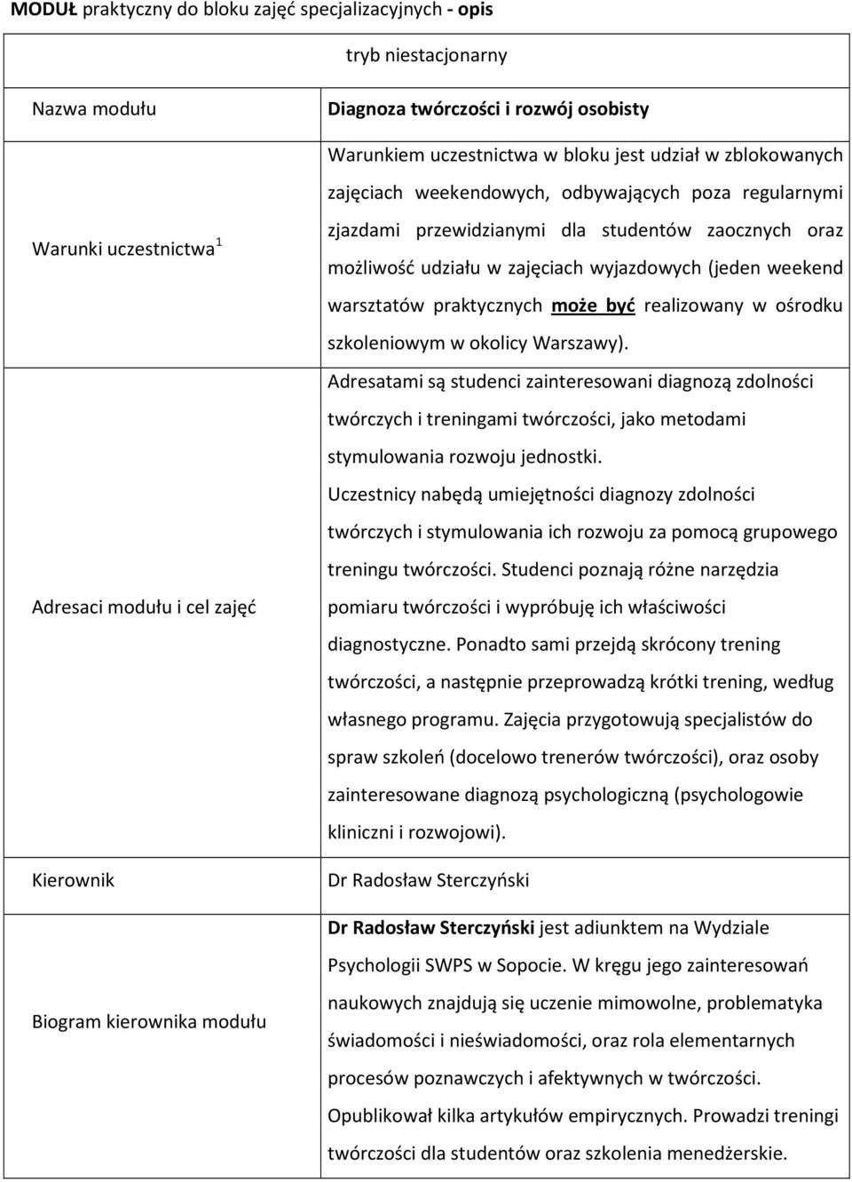 (jeden weekend warsztatów praktycznych może być realizowany w ośrodku szkoleniowym w okolicy Warszawy).