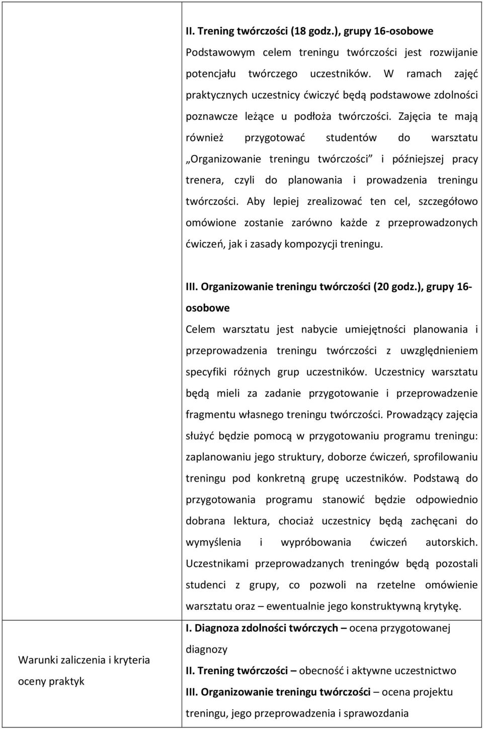 Zajęcia te mają również przygotować studentów do warsztatu Organizowanie treningu twórczości i późniejszej pracy trenera, czyli do planowania i prowadzenia treningu twórczości.