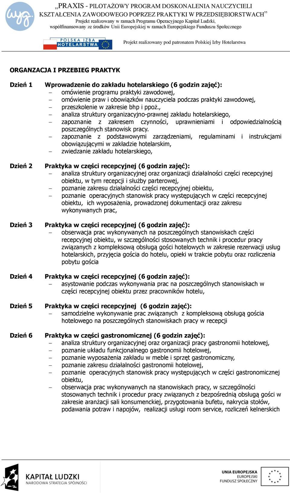 , analiza struktury organizacyjno-prawnej zakładu hotelarskiego, zapoznanie z zakresem czynności, uprawnieniami i odpowiedzialnością poszczególnych stanowisk pracy.