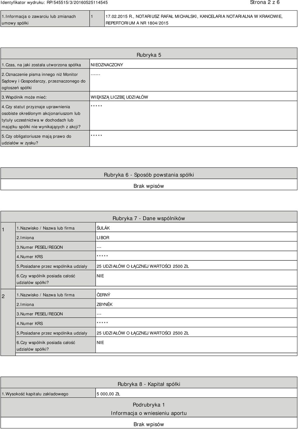 Czy statut przyznaje uprawnienia osobiste określonym akcjonariuszom lub tytuły uczestnictwa w dochodach lub majątku spółki nie wynikających z akcji? 5.