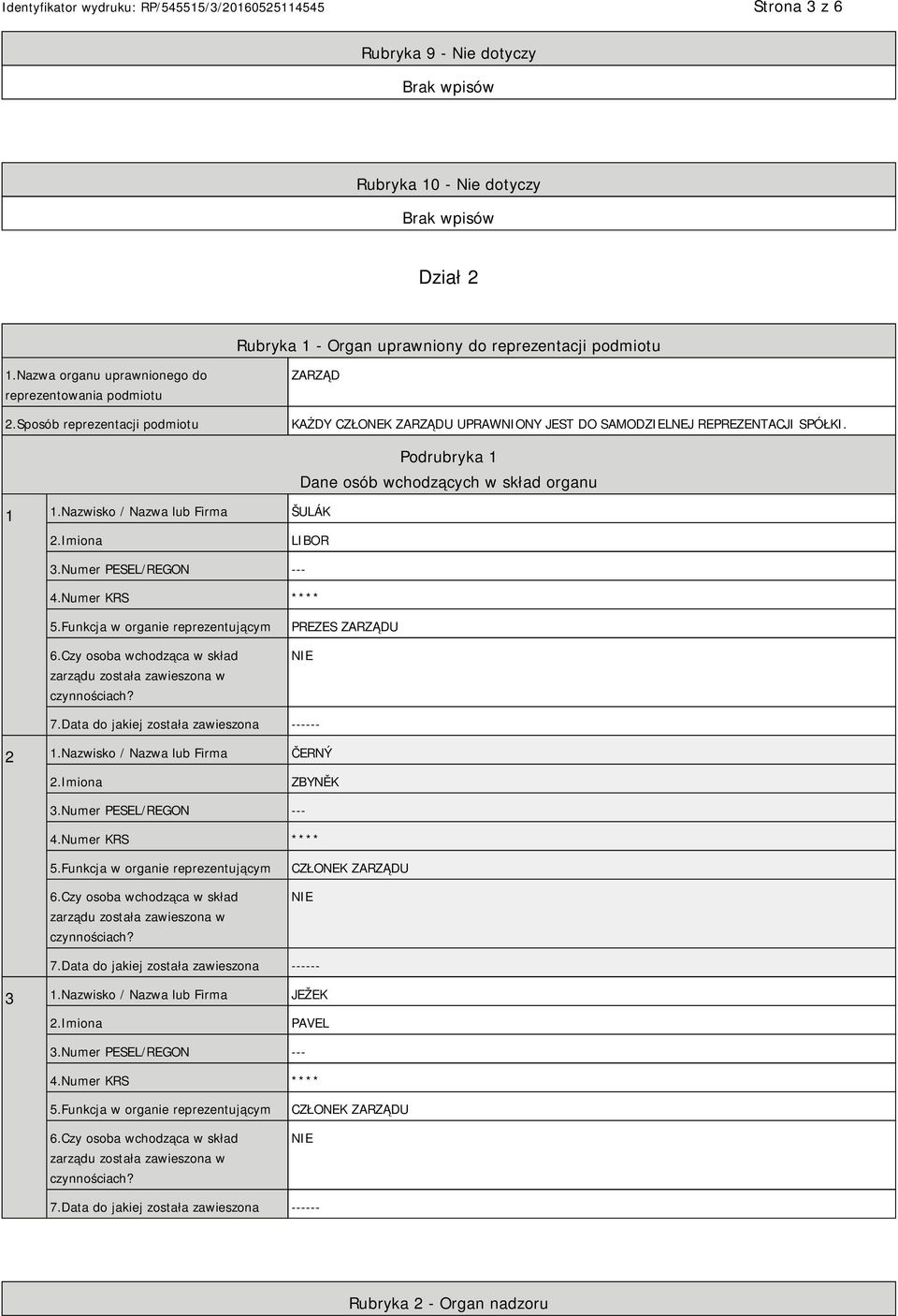 Nazwisko / Nazwa lub Firma ŠULÁK Podrubryka 1 Dane osób wchodzących w skład organu LIBOR 4.Numer KRS **** 5.Funkcja w organie reprezentującym 6.