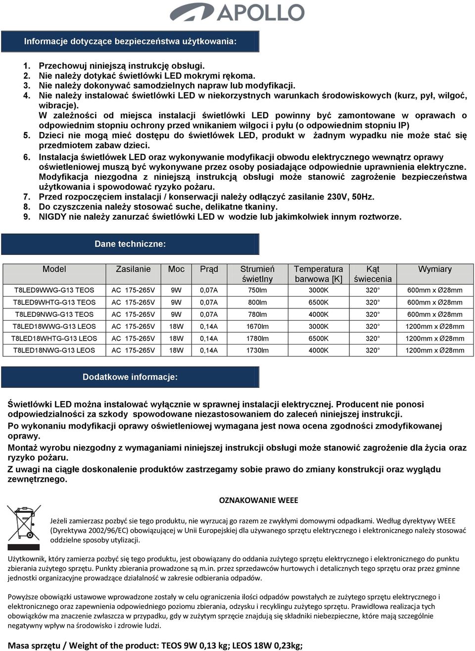 W zależności od miejsca instalacji świetlówki LED powinny być zamontowane w oprawach o odpowiednim stopniu ochrony przed wnikaniem wilgoci i pyłu (o odpowiednim stopniu IP) 5.