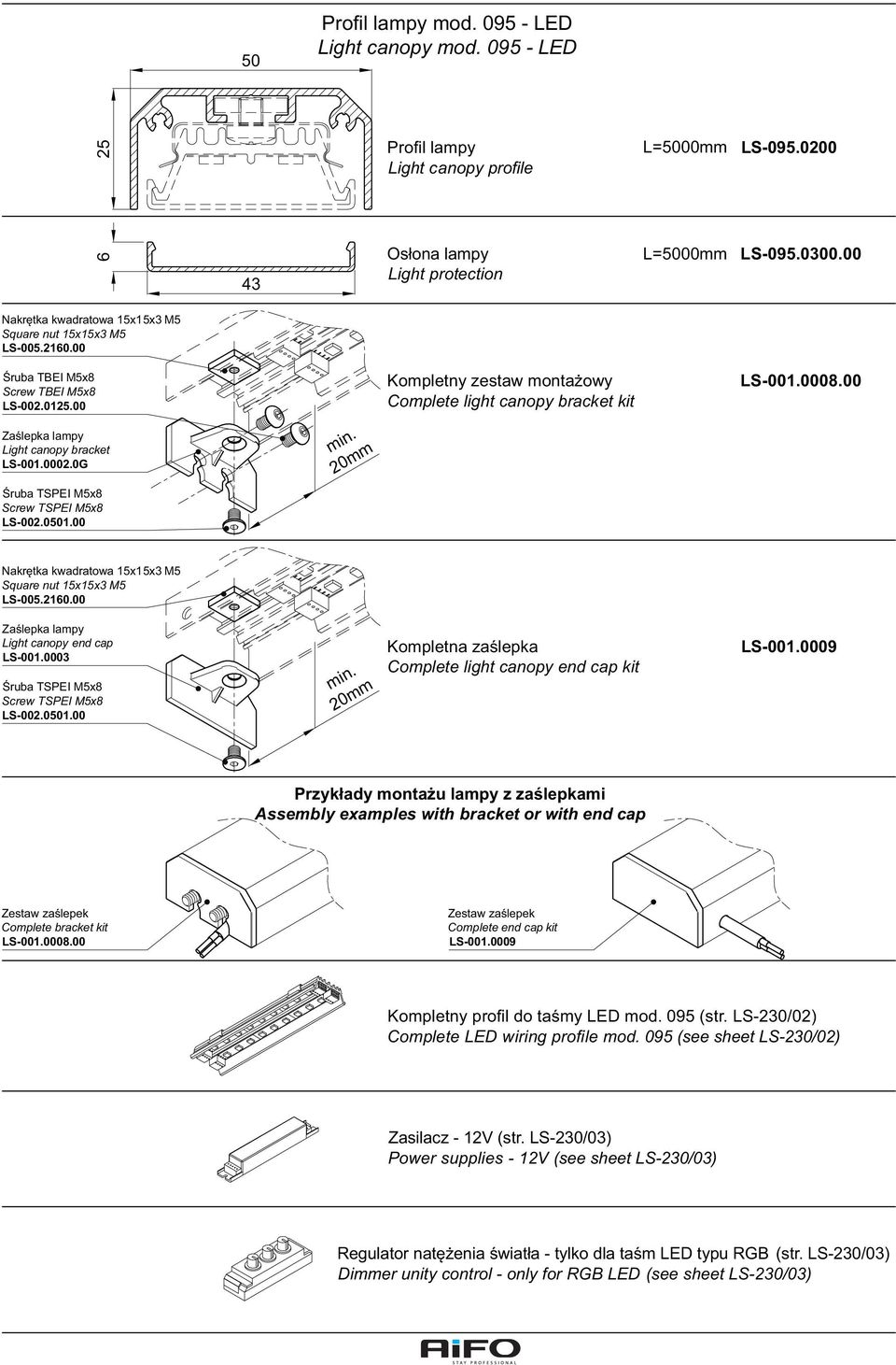 00 Zaślepka lampy Light canopy bracket LS-001.0002.0G min. mm Śruba TSPEI M5x8 Screw TSPEI M5x8 LS-002.0501.00 Nakrętka kwadratowa 15x15x3 M5 Square nut 15x15x3 M5 LS-005.2160.