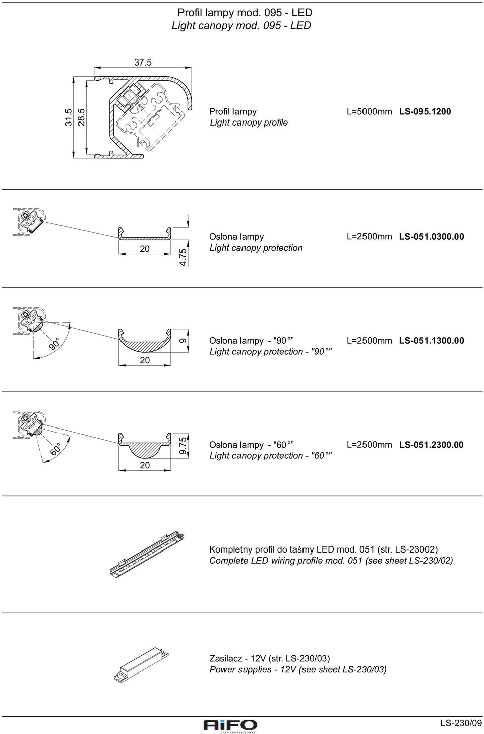 00 60 9.75 Osłona lampy - "60 Light canopy protection - "60 " LS-051.2300.00 Kompletny profil do taśmy LED mod. 051 (str.