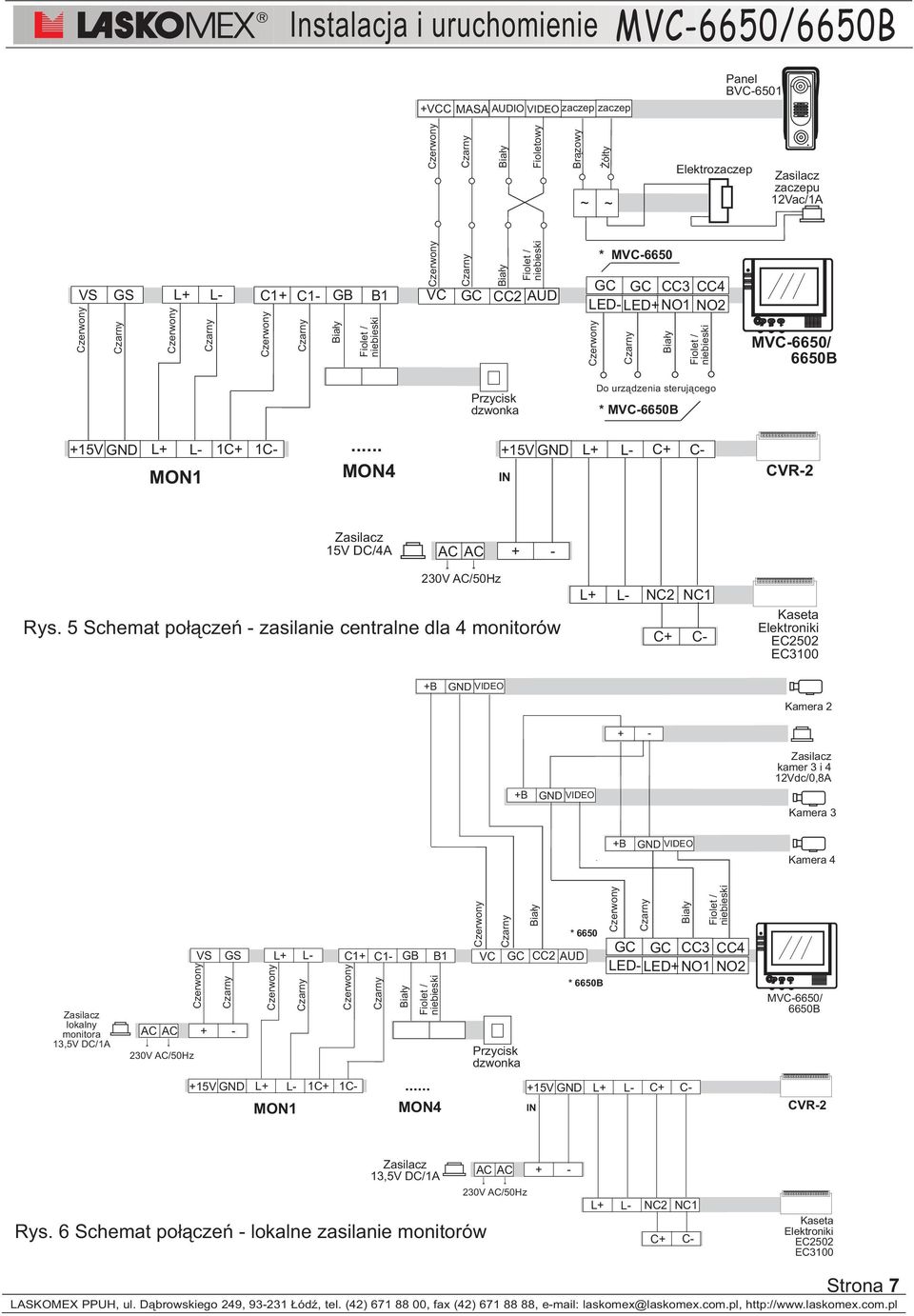 5 Schemat po³¹czeñ - zasilanie centralne dla 4 monitorów L+ L- NC2 C+ NC1 C- Kaseta Elektroniki EC2502 EC3100 +B GND VIDEO Kamera 2 + - +B GND VIDEO kamer 3 i 4 12Vdc/0,8A Kamera 3 +B GND VIDEO