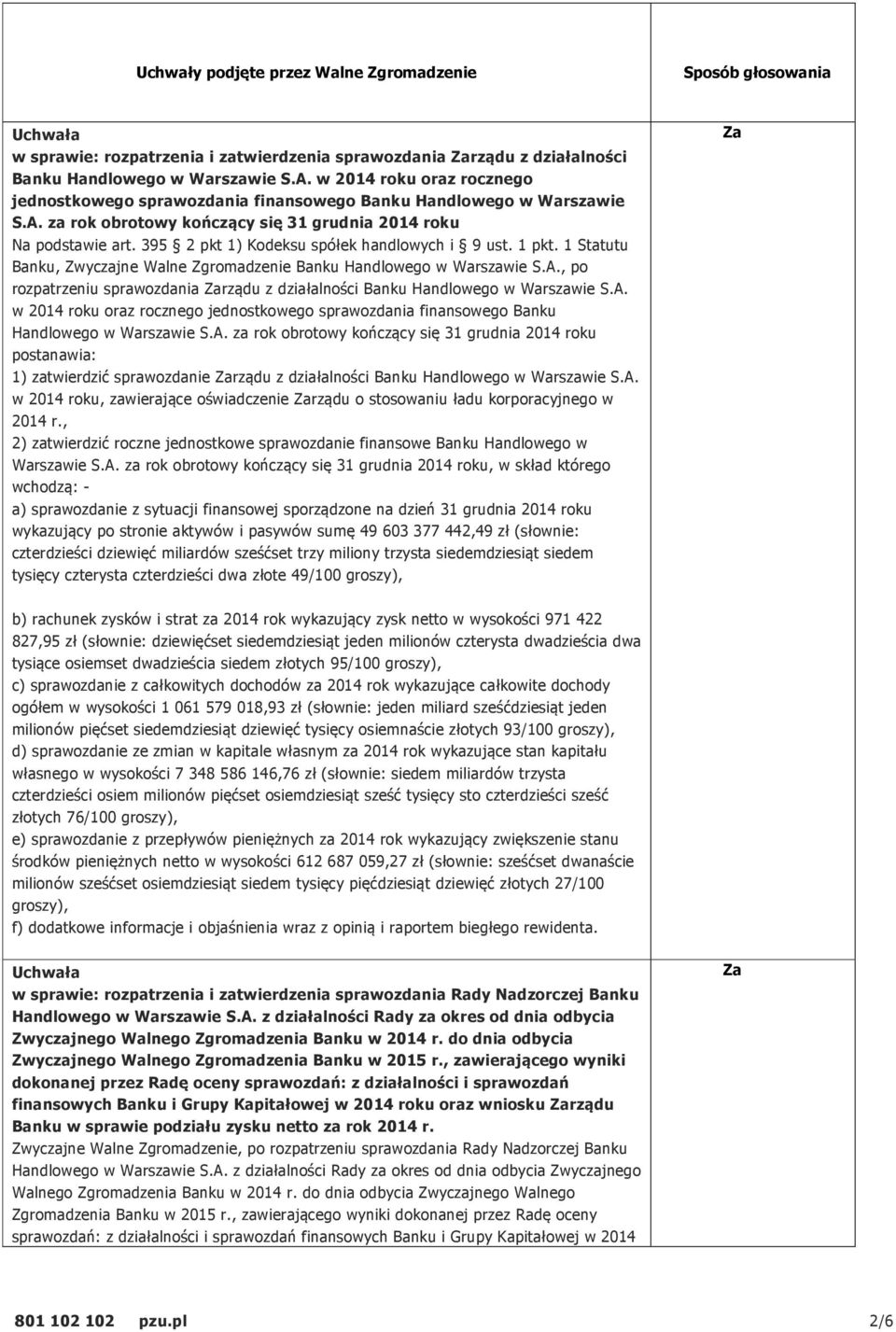 395 2 pkt 1) Kodeksu spółek handlowych i 9 ust. 1 pkt. 1 Statutu Banku, Zwyczajne Walne Zgromadzenie Banku Handlowego w Warszawie S.A.