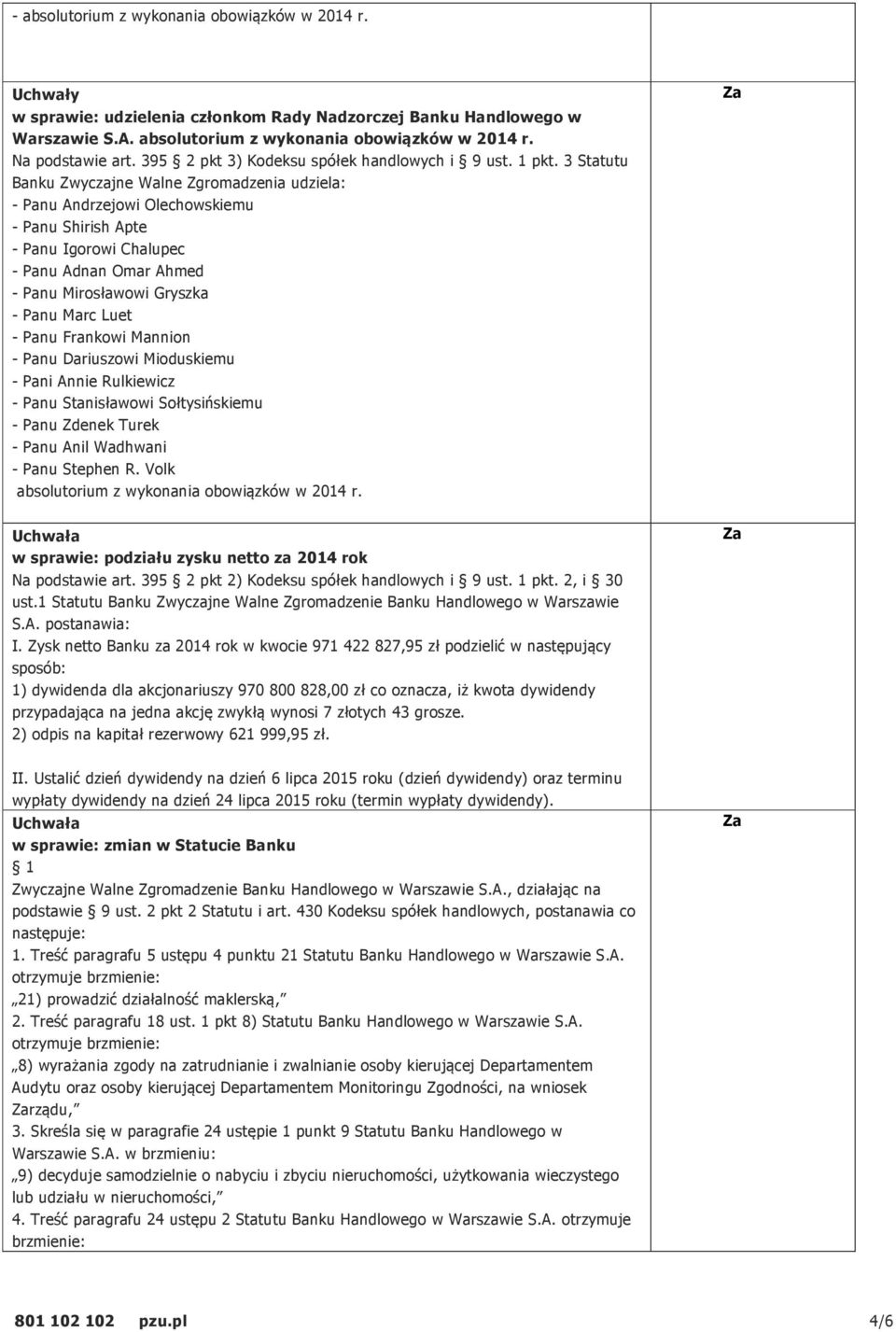 3 Statutu Banku Zwyczajne Walne Zgromadzenia udziela: - Panu Andrzejowi Olechowskiemu - Panu Shirish Apte - Panu Igorowi Chalupec - Panu Adnan Omar Ahmed - Panu Mirosławowi Gryszka - Panu Marc Luet -